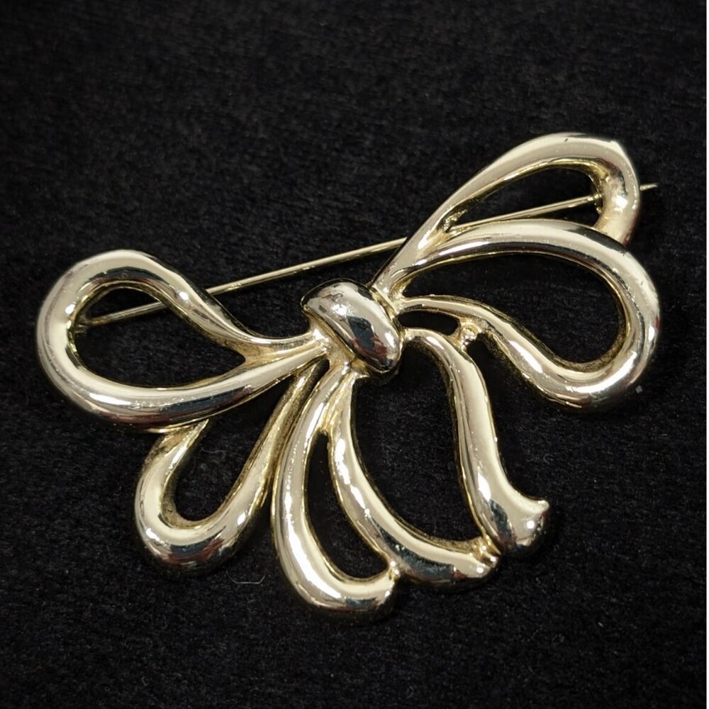 Vintage Gold‎ Tone Ribbon Bow Brooch Pin Retro Coquette